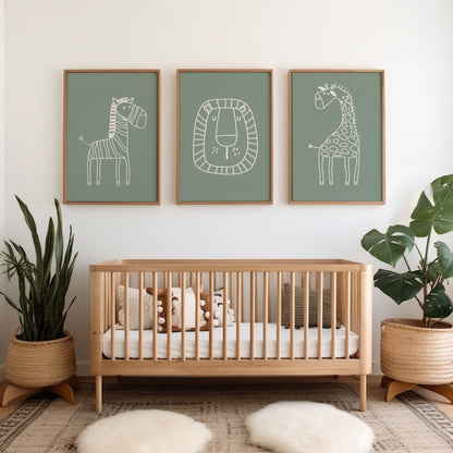sage green nursery prints with afari animal line art