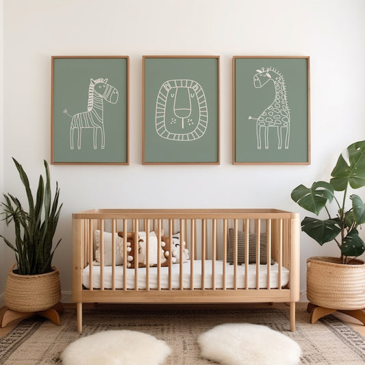 sage green nursery prints with afari animal line art