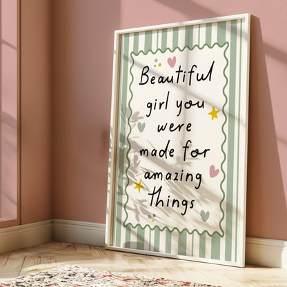 Girls Quote Wall Art Print, Beautiful Girl, Sage Green