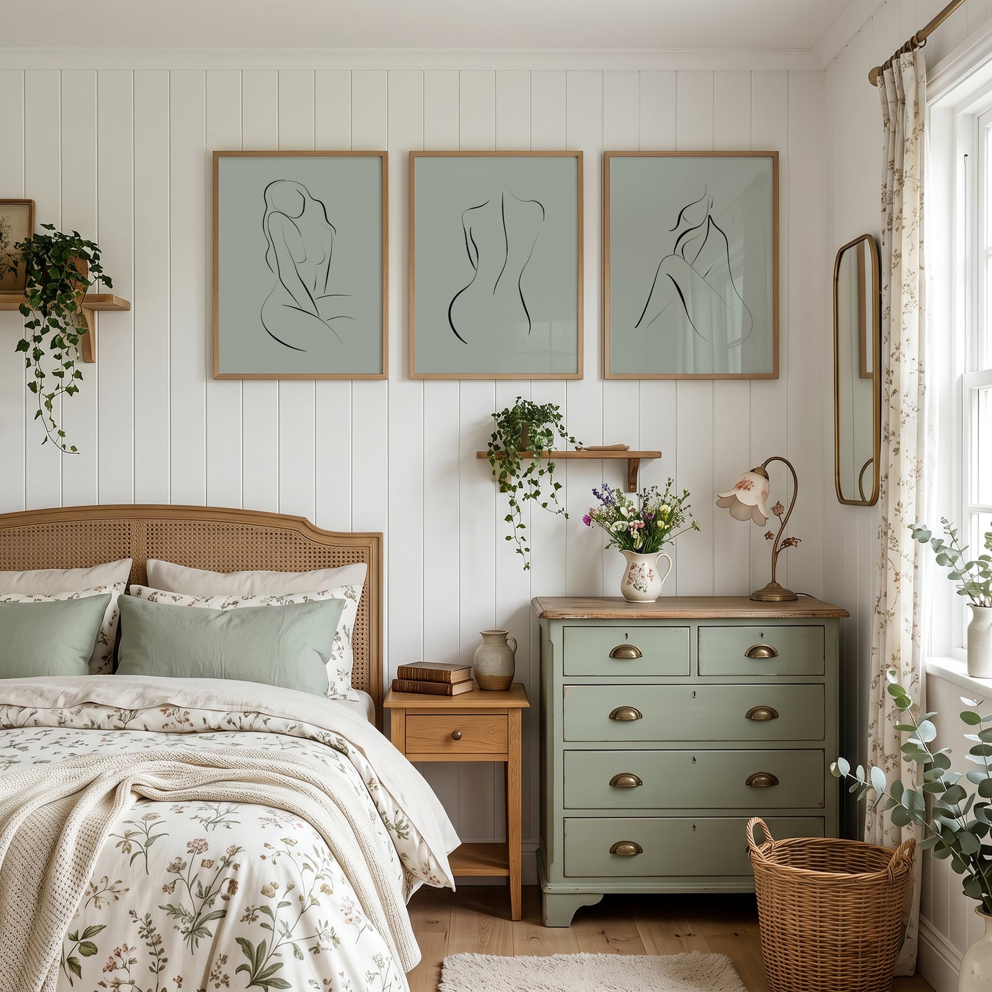 Sage green women line art bedroom prints
