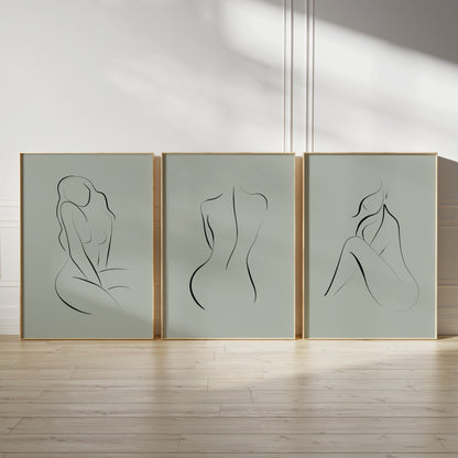 Sage green omen line art bathroom prints