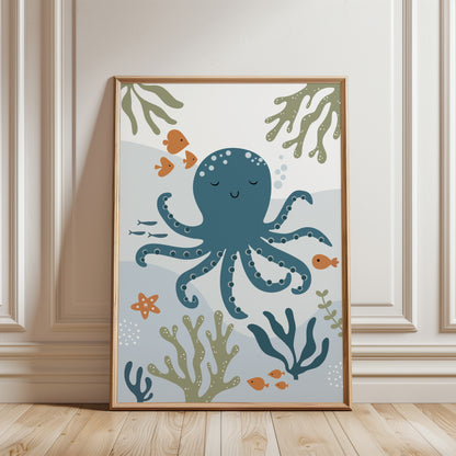 sea creature nursery print featuring octopus