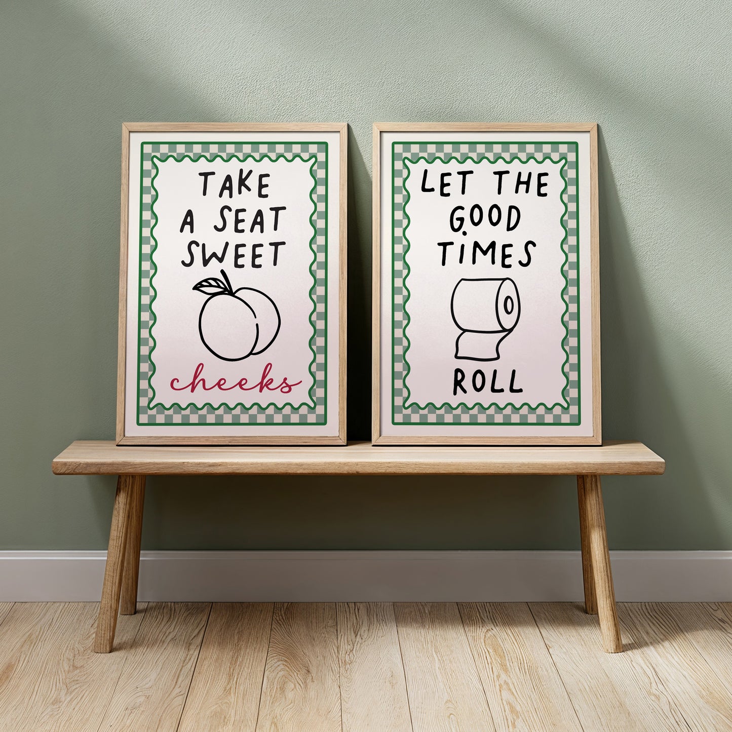 prints for downstairs toilet, set of 2 bathroom prints in sage green