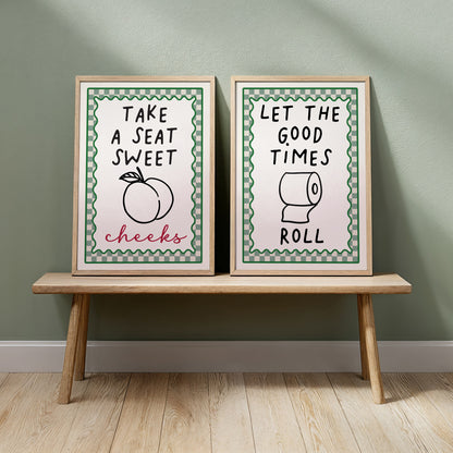 prints for downstairs toilet, set of 2 bathroom prints in sage green