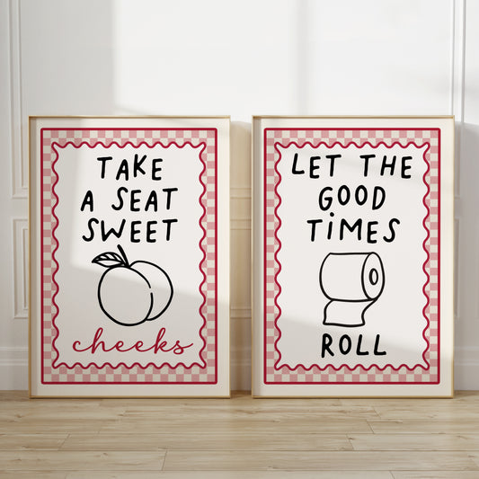 set of 2 pink bathroom wall art prints each with a funny quote and chequered borders