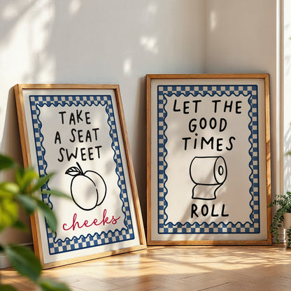 navy blue bathroom decor, set of 2 prints
