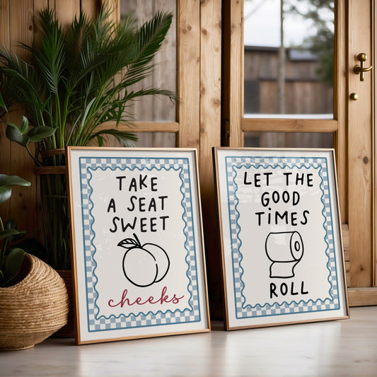 Set of 2 bathroom prints in baby blue colour with chequered borders and funny bathroom quotes