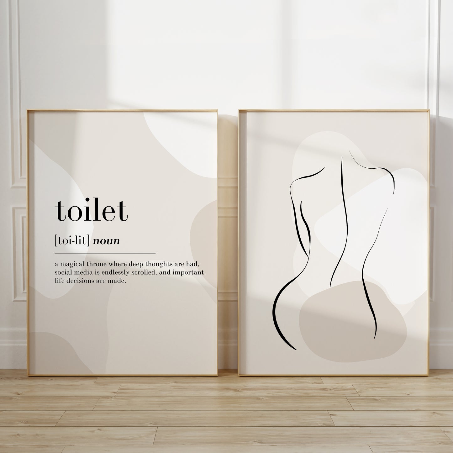 Set of two bathroom prints, woman line art and toilet definition with beige abstract backgrounds