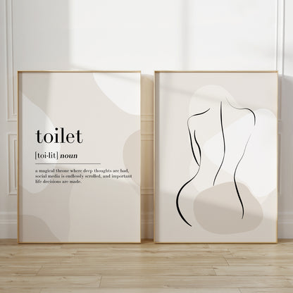 Set of two bathroom prints, woman line art and toilet definition with beige abstract backgrounds