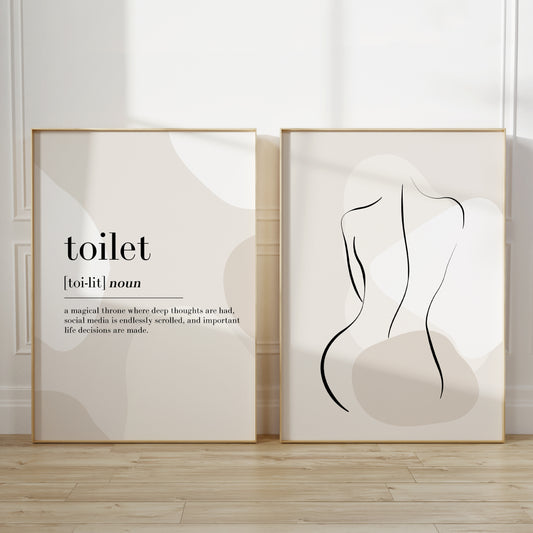 Set of two bathroom prints, woman line art and toilet definition with beige abstract backgrounds