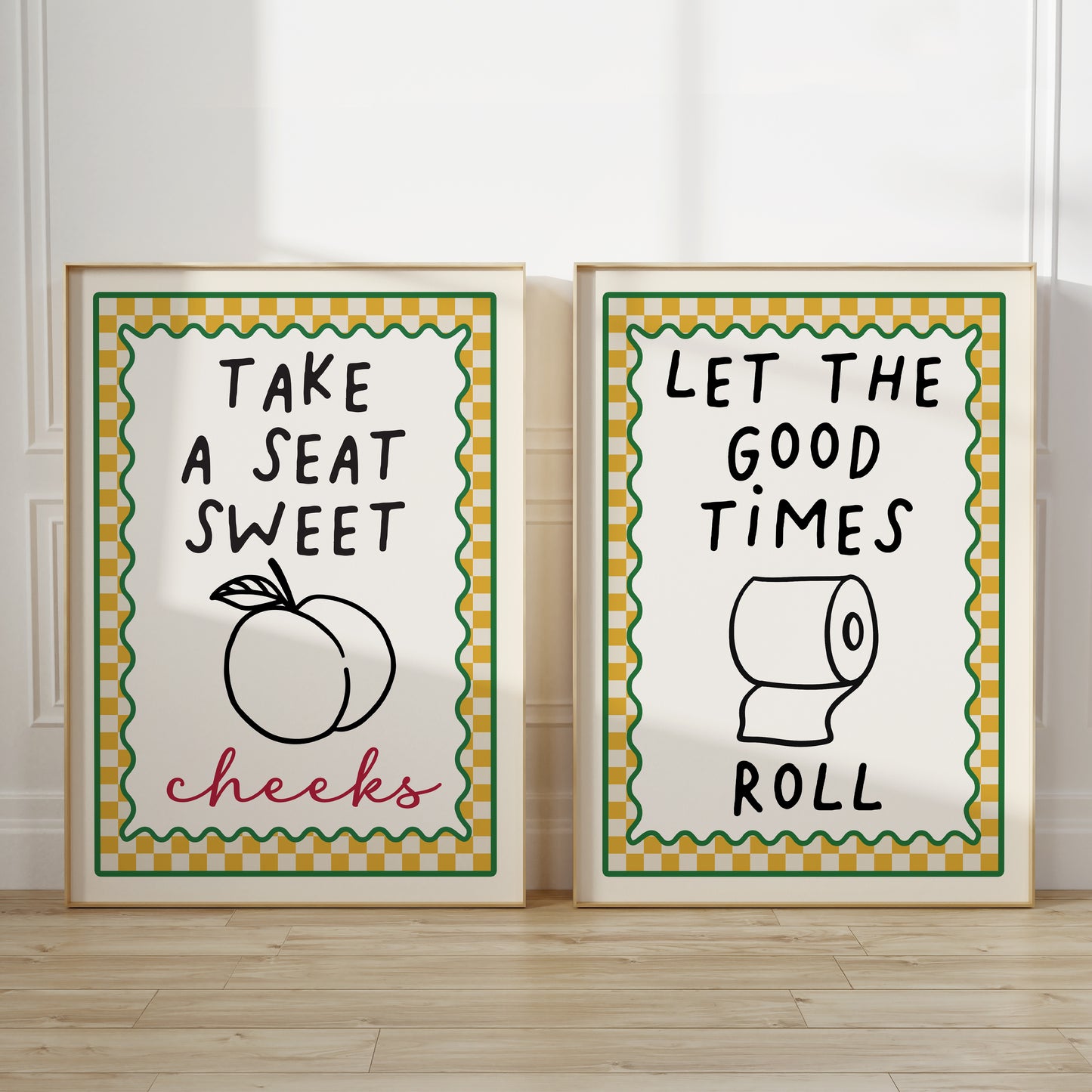 Set of 2 bathroom prints in Ochre yellow with funny quotes, LET THE GOOD TIMES ROLL and TAKE A SEAT SWEET CHEEKS