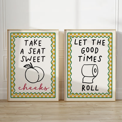 Set of 2 bathroom prints in Ochre yellow with funny quotes, LET THE GOOD TIMES ROLL and TAKE A SEAT SWEET CHEEKS
