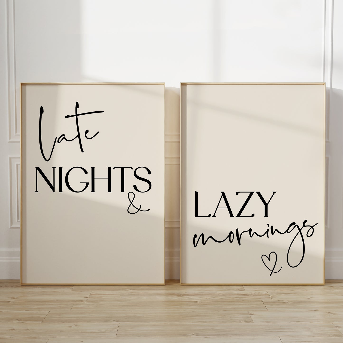 Set of two beige bedroom prints with quotes LATE NIGHTS LAZY MORNINGS