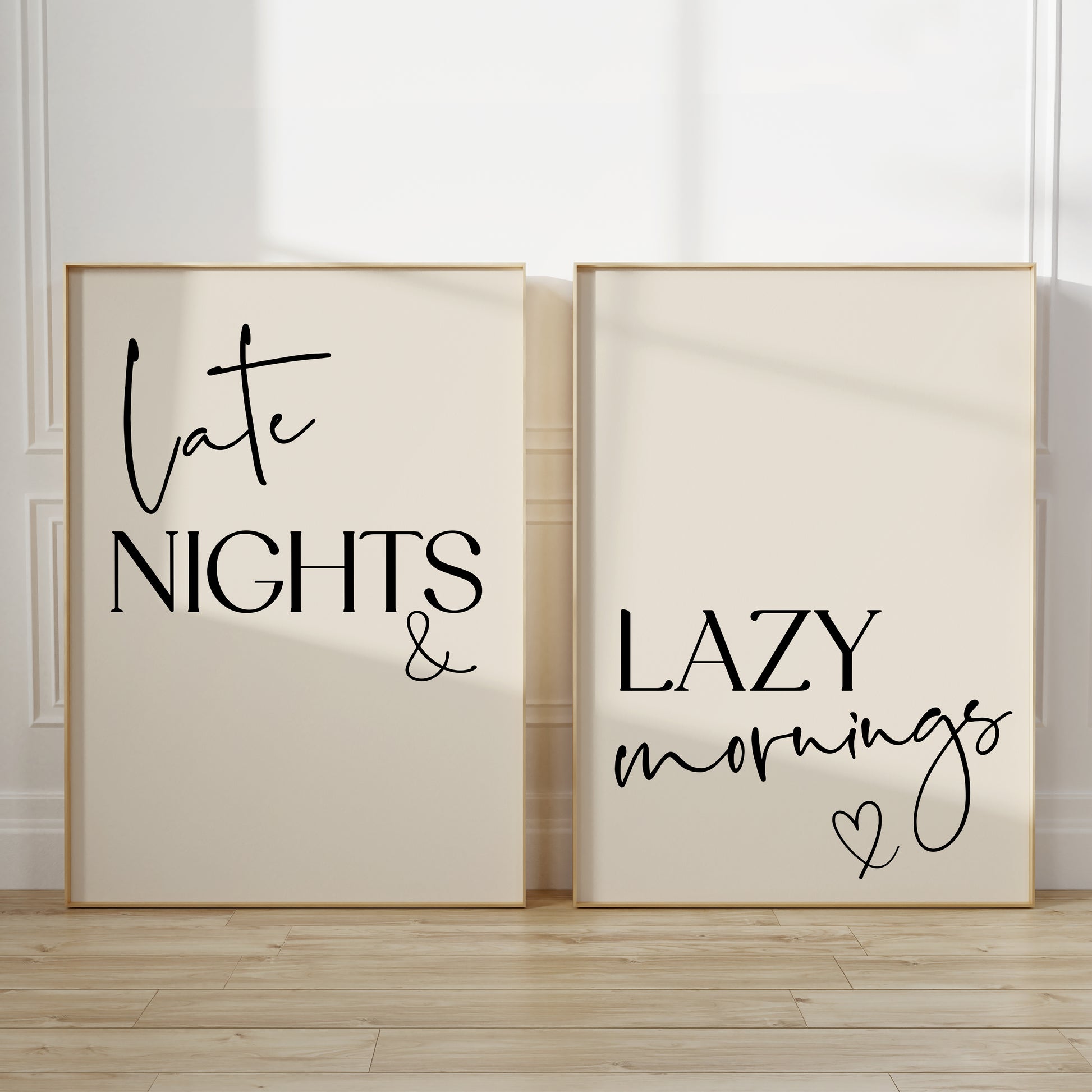 Set of two beige bedroom prints with quotes LATE NIGHTS LAZY MORNINGS