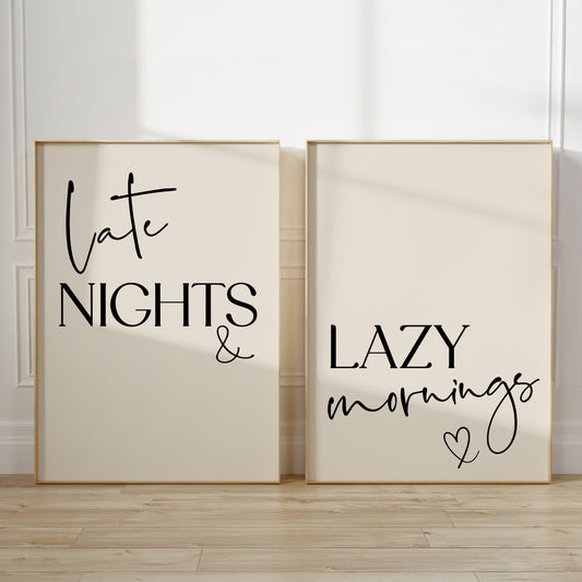Set of two beige bedroom prints with quotes LATE NIGHTS LAZY MORNINGS