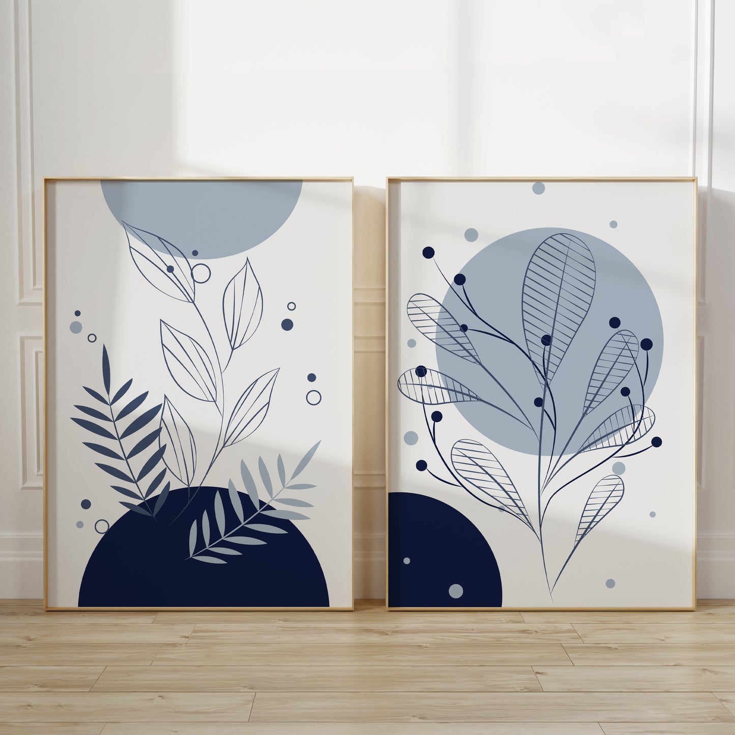 Set of 2 botanical abstract art prints on light grey backgrounds, premium prints
