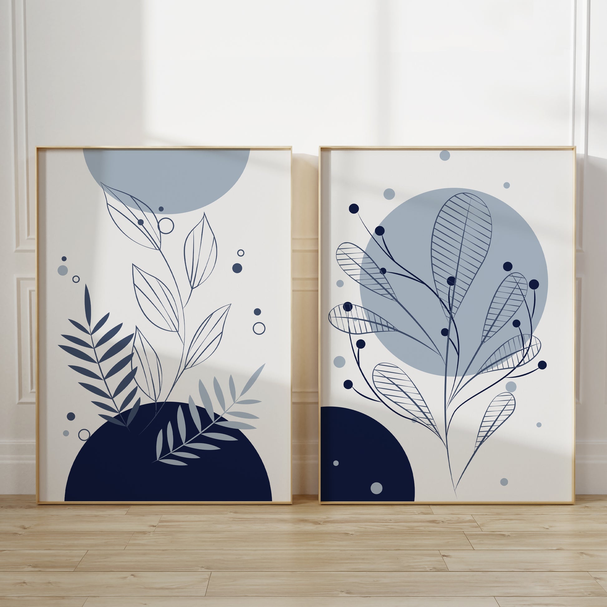 Set of 2 botanical abstract art prints on light grey backgrounds, premium prints