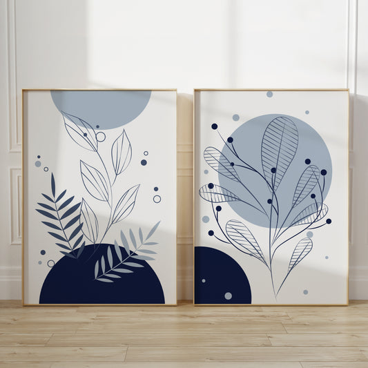 Set of 2 botanical abstract art prints on light grey backgrounds, premium prints