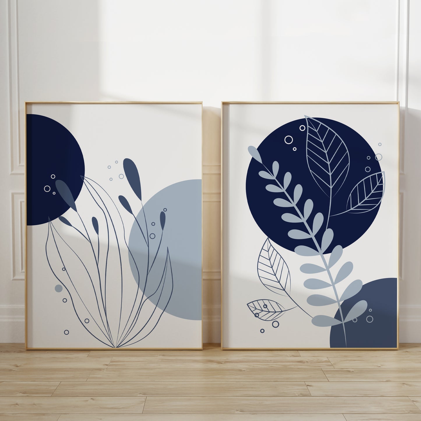 Set of 2 blue floral abstract art prints