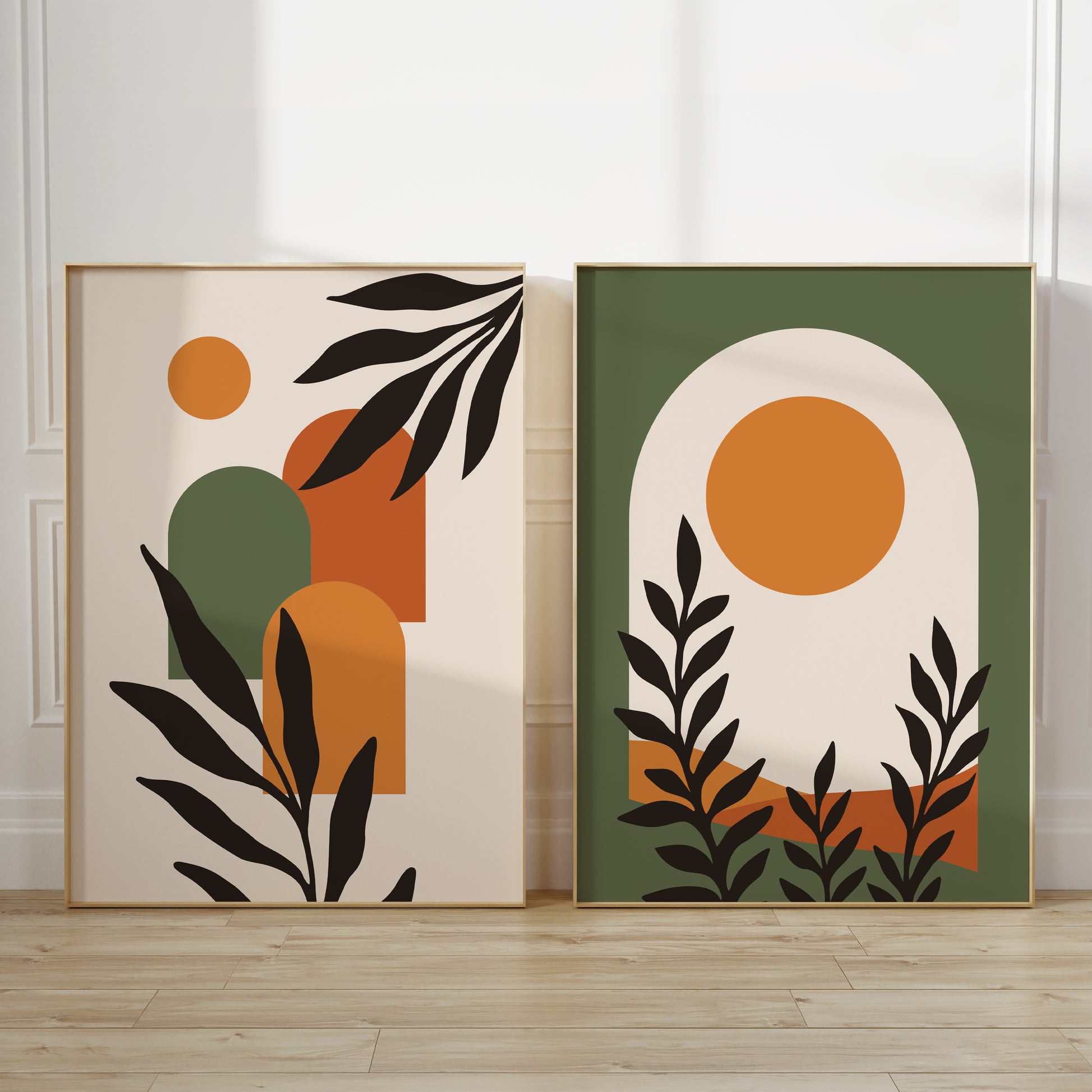 Set of two boho wall art prints in shades of orange and green