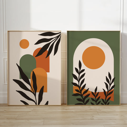 Set of two boho wall art prints in shades of orange and green