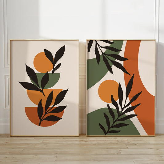 boho wall decor, set of two prints in shades of orange and green