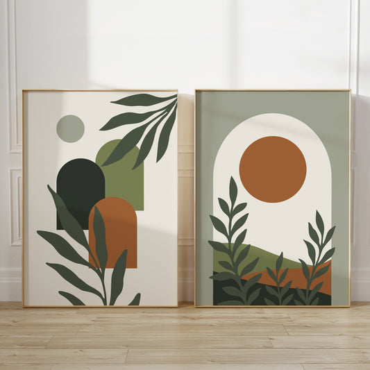 Set of 2 boho wall prints, in shades of terracotta and green