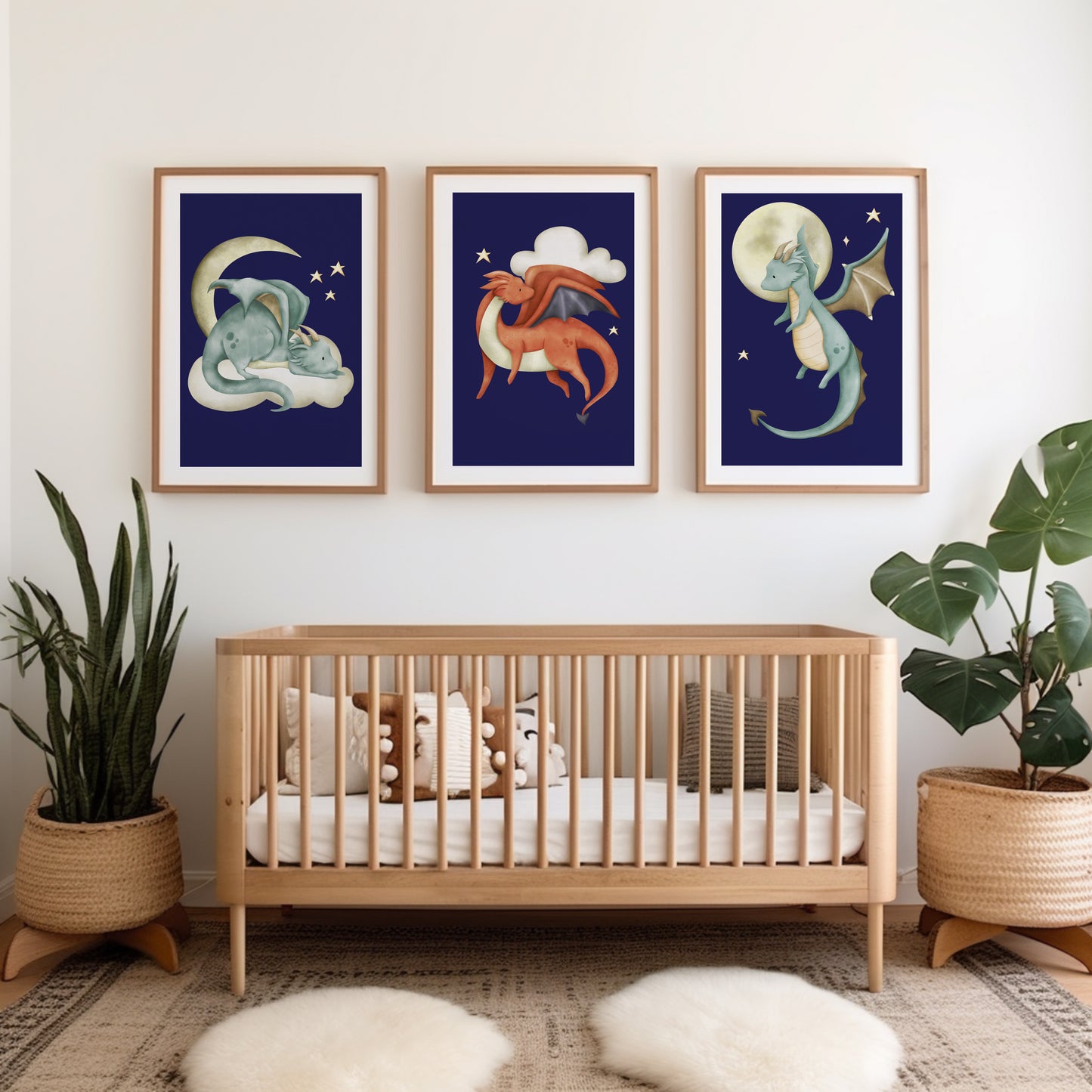 Set of 3 boys room print with dragons on blue ackgrounds