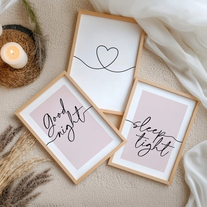 set of 3 pink A3 size bedroom prints for above bed wall art