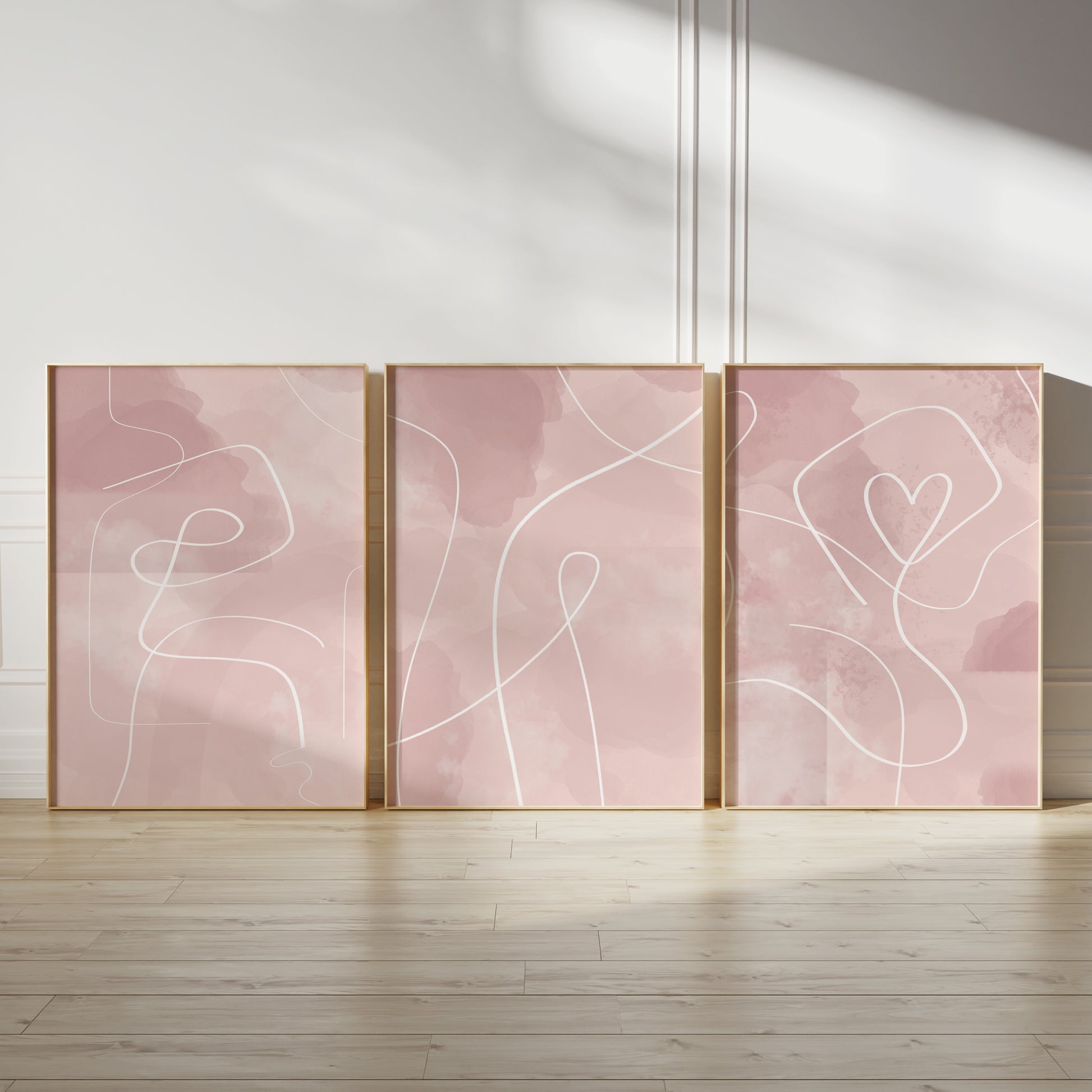 Set of 3 pink abstract art prints with line art