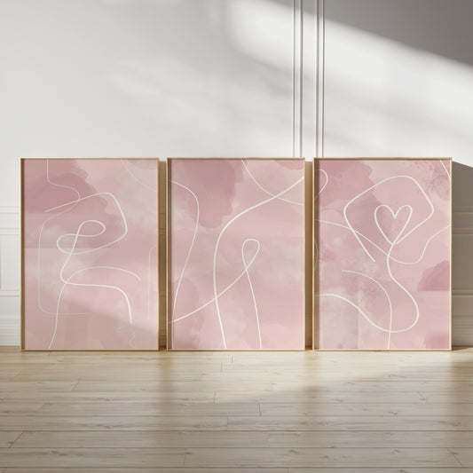 Set of 3 pink abstract art prints with line art