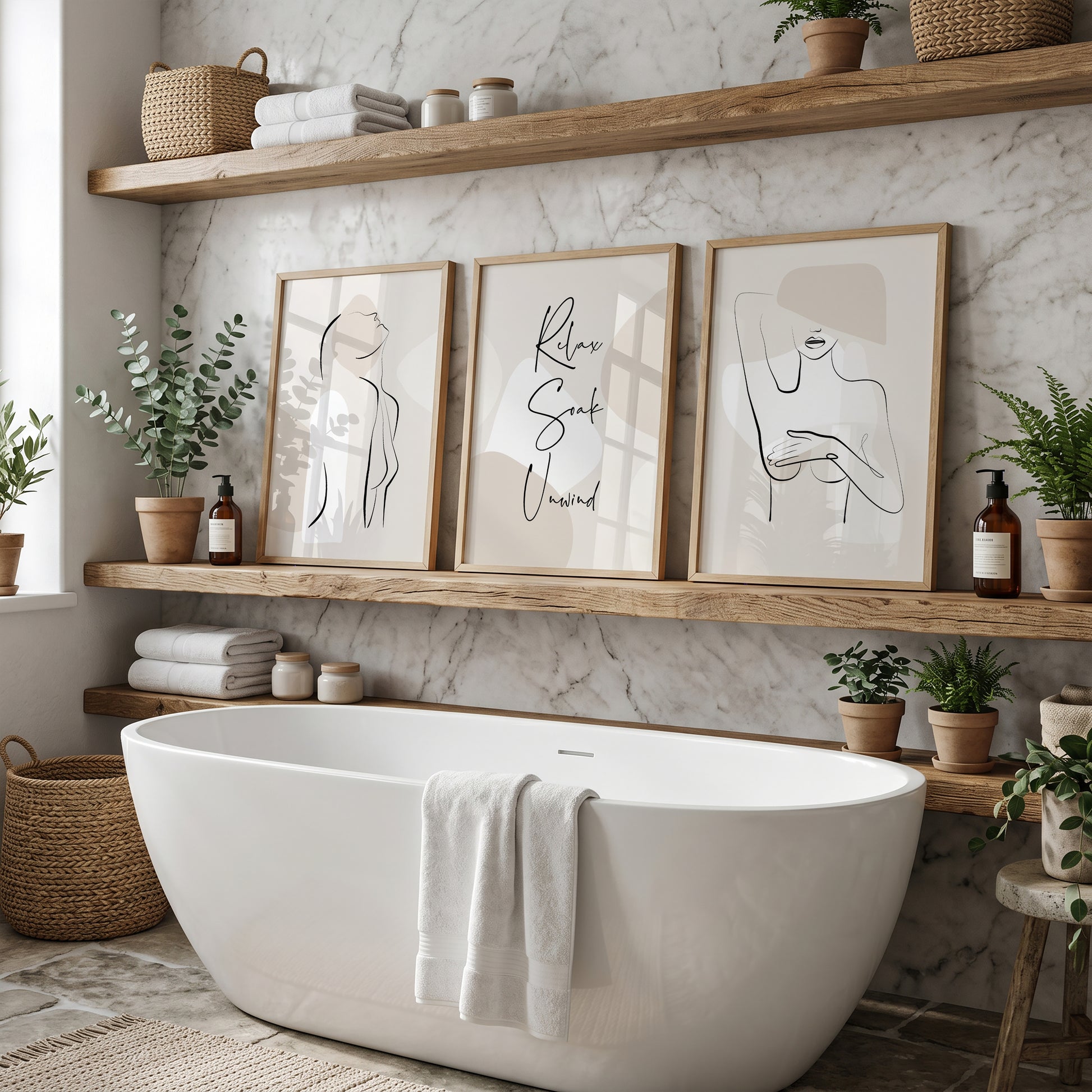 Set of three neutral bathroom wall art prints