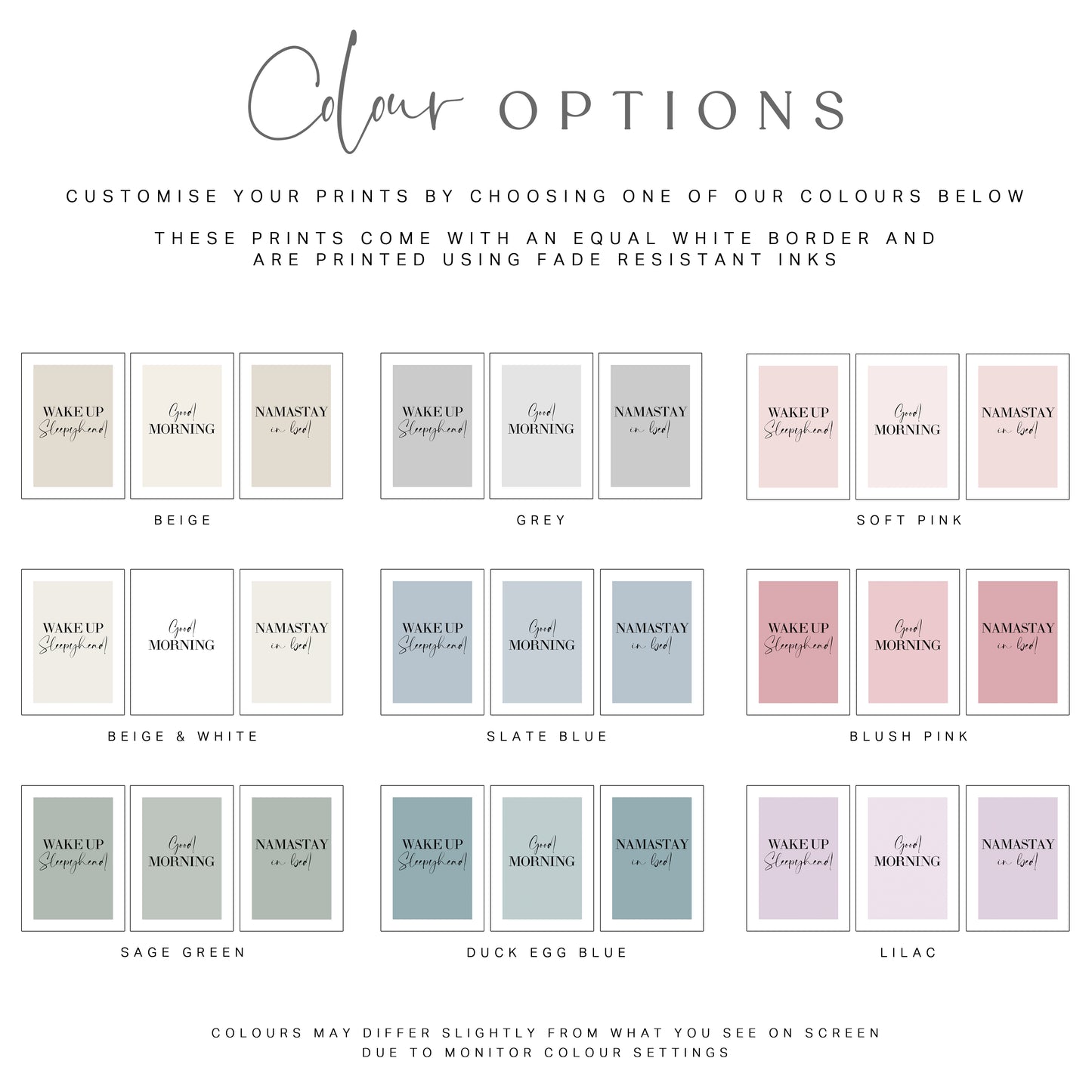 Set of 3 Bedroom Prints, Choose Your Colour