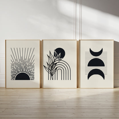 Set of 3 Black & Cream Boho Wall Prints
