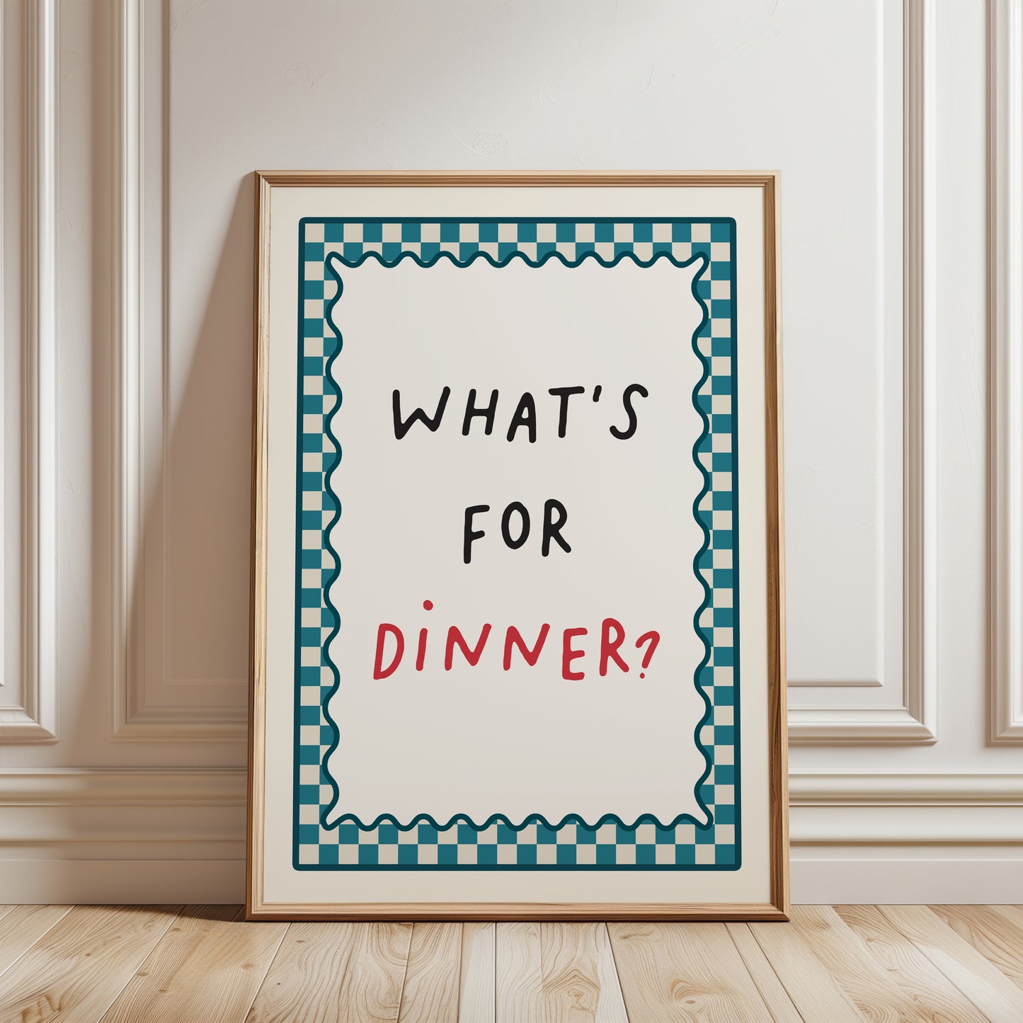 teal kitchen wall art print with typography reading "HATS FOR DINNER?"