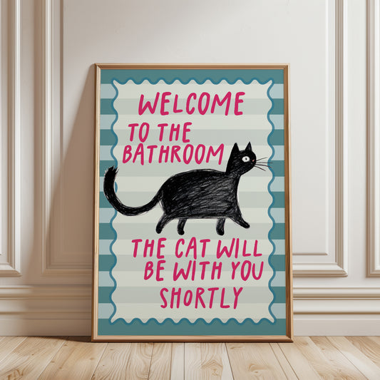 Funny Bathroom Cat Wall Art Print, Teal