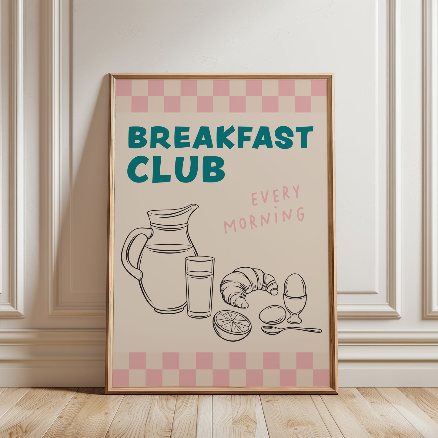 Teal & pink kitchen print, breakfast club wall art with chequered border