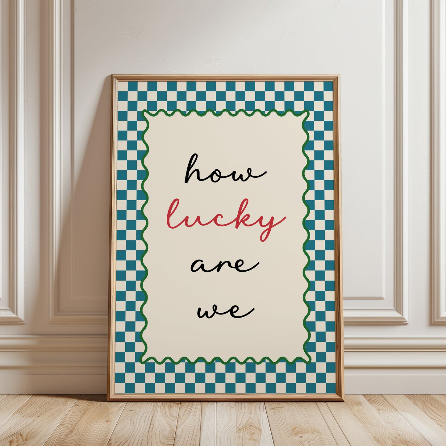 Couples wall art print with quote "HOW LUCKY ARE WE" ideal hallway decor in teal
