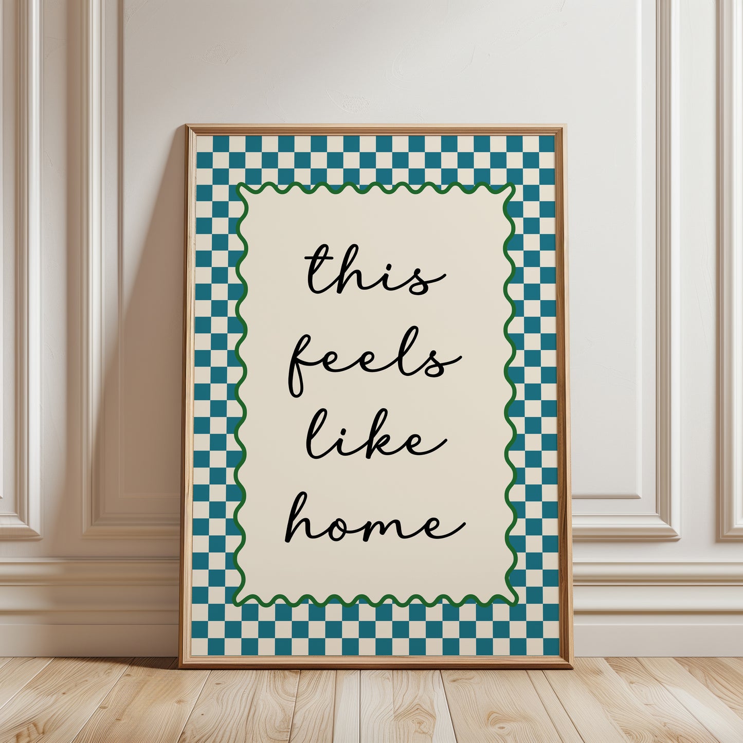 hallway gallery wall art print with quote "this feels like home" in teal with a chequered border