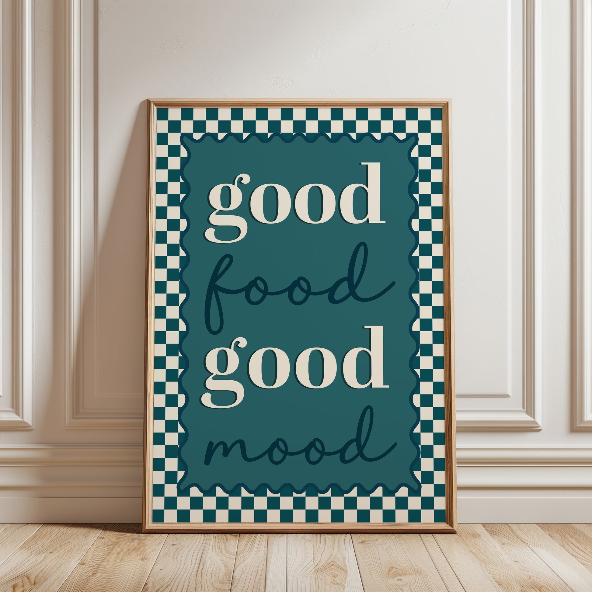 Teal kitchen prints with motivational quote "good food good mood" with a chequered border