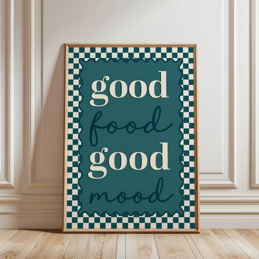 Teal kitchen prints with motivational quote "good food good mood" with a chequered border