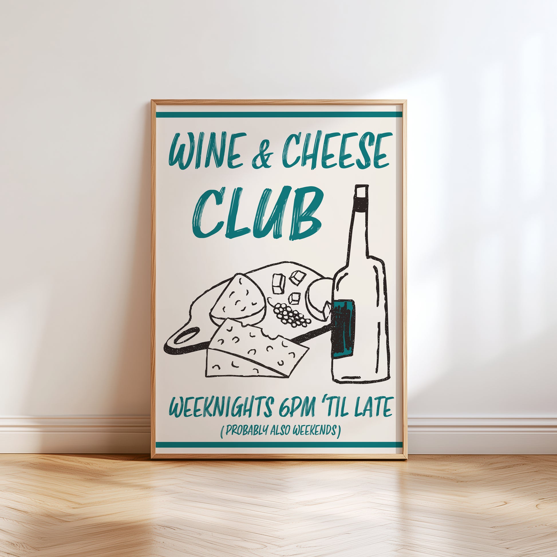 teal wine and cheese club kitchen print
