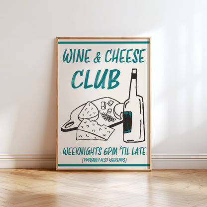 teal wine and cheese club kitchen print