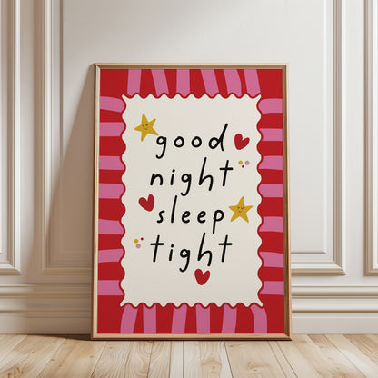 Nursery print with quote "good night sleep tight" with a striped background in pink and red