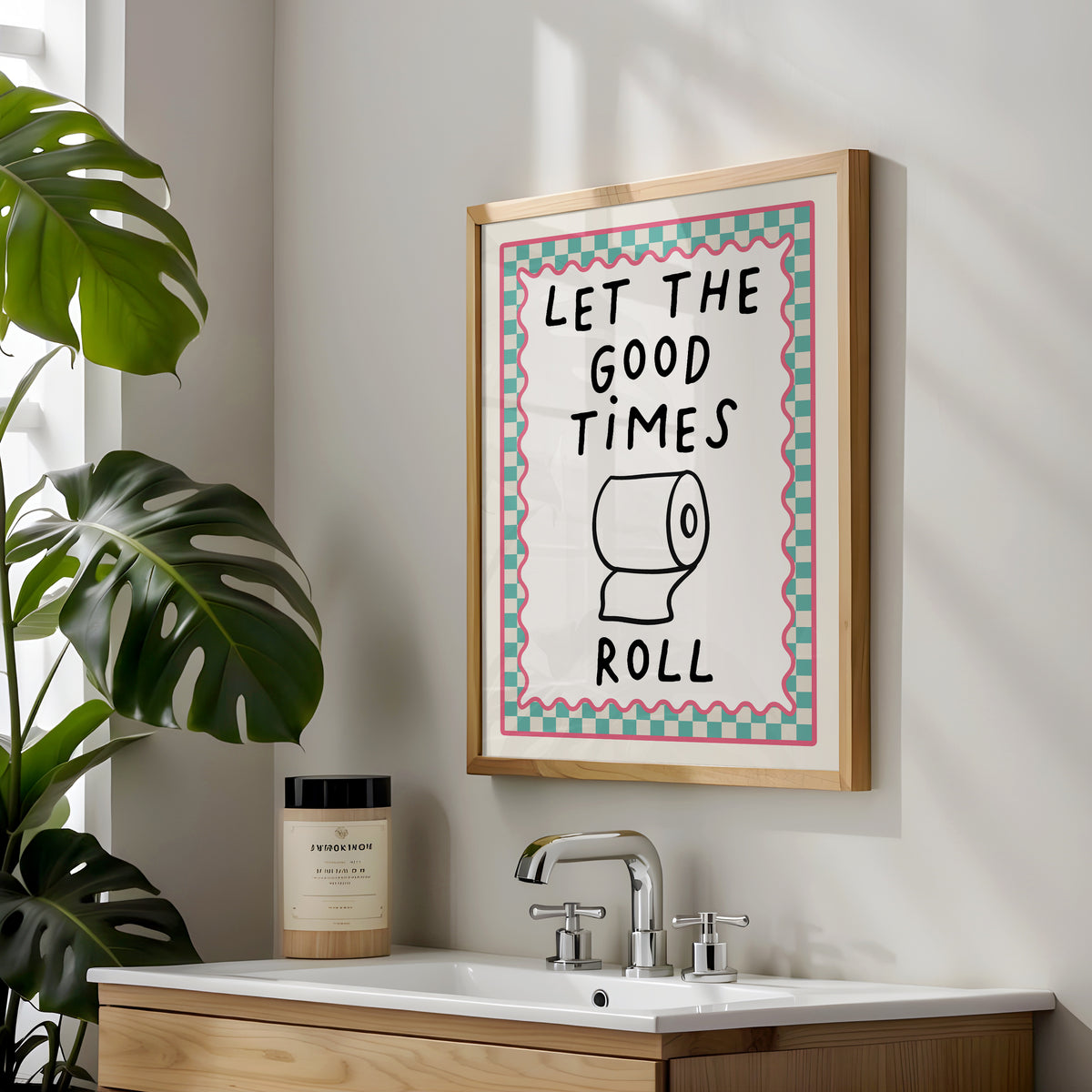 Chequered Bathroom Print, Let the Good Times Roll, Aqua