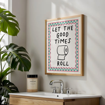 Chequered Bathroom Print, Let the Good Times Roll, Aqua