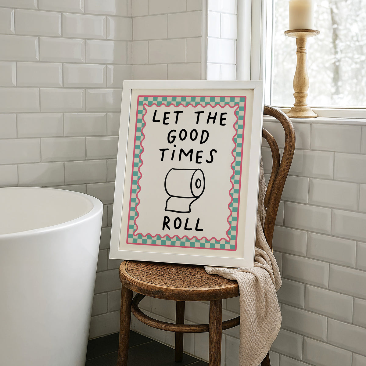 Chequered Bathroom Print, Let the Good Times Roll, Aqua