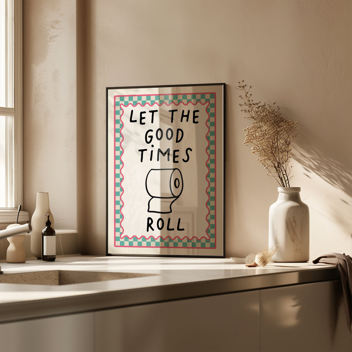 Chequered Bathroom Print, Let the Good Times Roll, Aqua