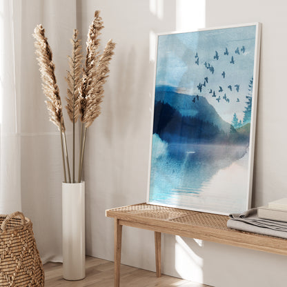 Vibrant Blue Watercolour Landscape Abstract Wall Art Print