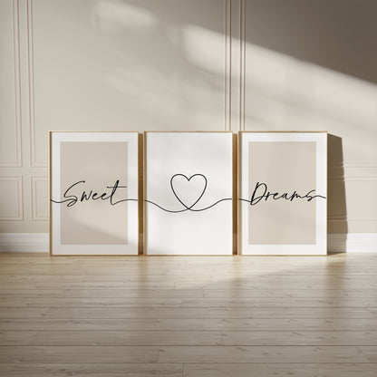 Set of 3 Bedroom Art Prints, Sweet Dreams, Beige